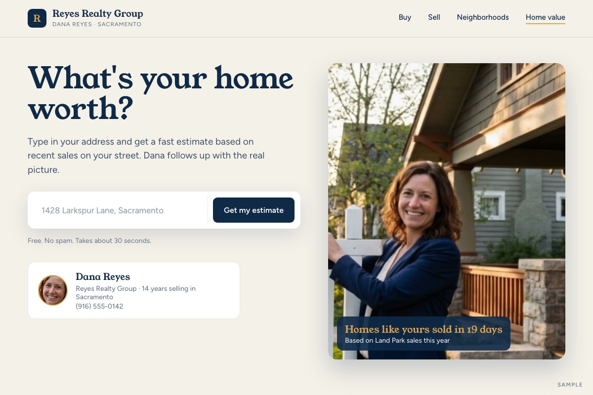Sample home value page for a made-up agent