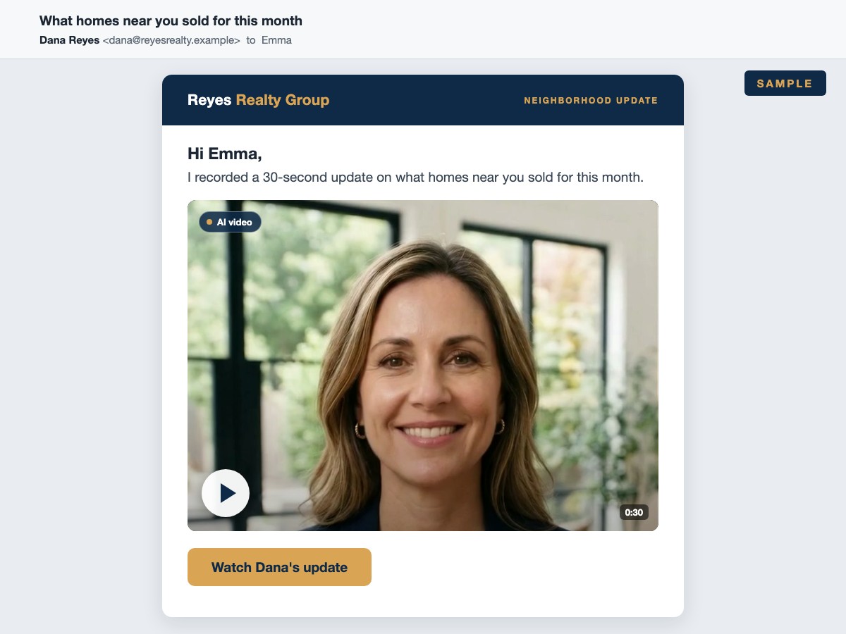 Sample newsletter email with a 30-second video update from the agent